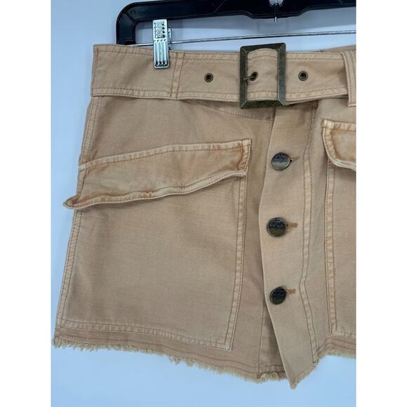 Free People Mini Skirt Womens Size 10 Tan Button Front Belted Utility Fringe - Picture 3 of 11